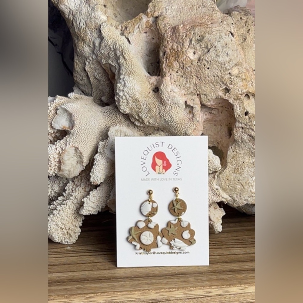 Handmade Starfish Sand Dollar Shell Clay Dangle Earrings